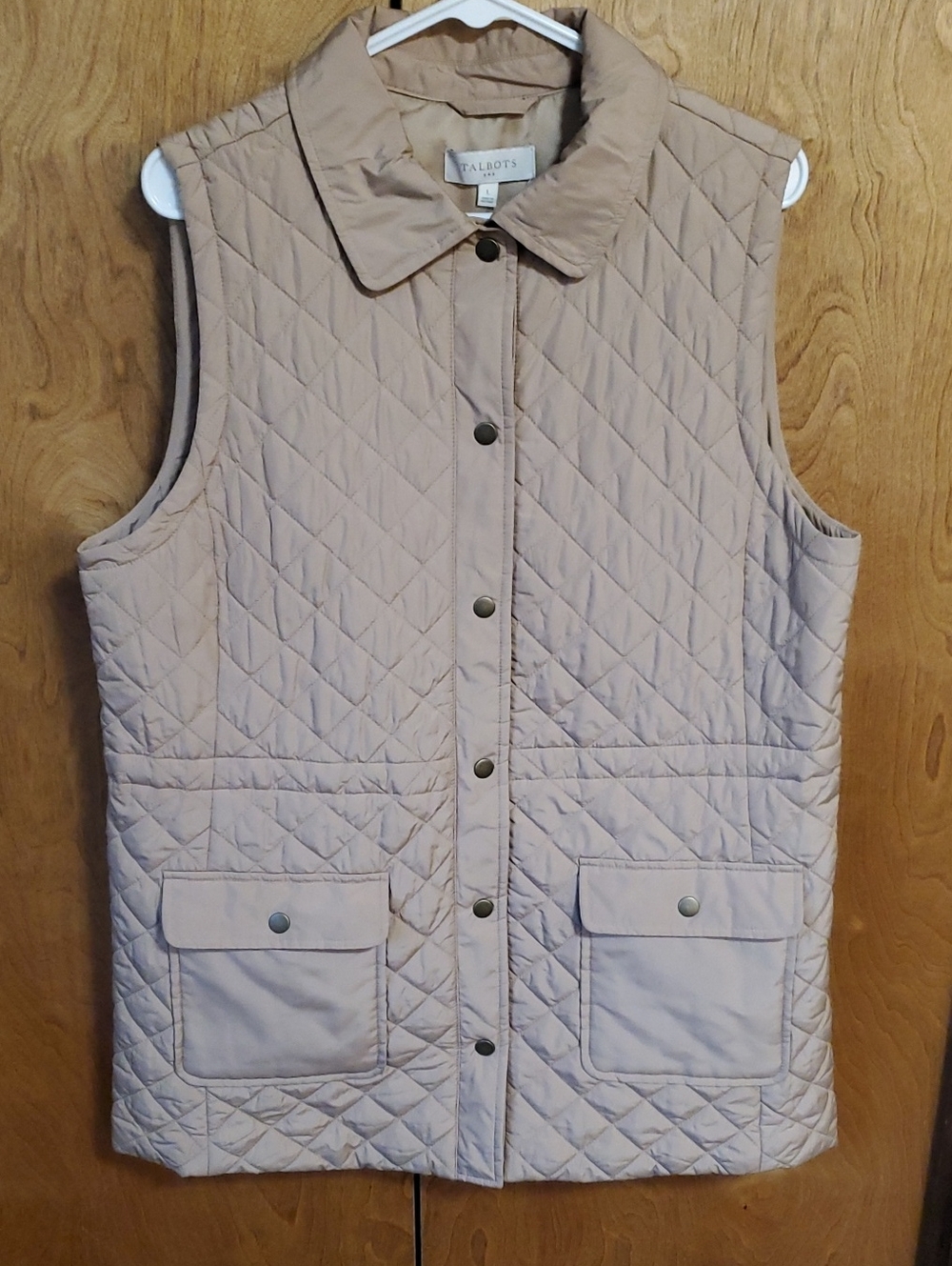 Talbots Tan Quilted Long Vest Snap Front/pocket Internal Drawstring Waist Size L